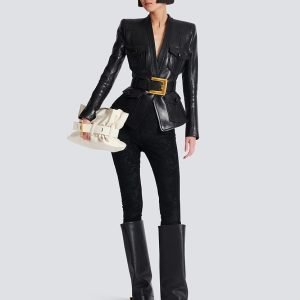 balmain biker jacket women back view