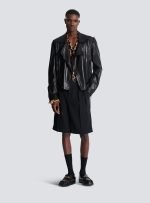 balmain men’s leather biker jacket back view