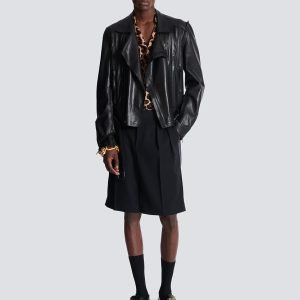 balmain men’s leather biker jacket back view