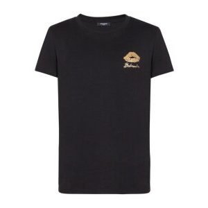 Front view of Balmain Kiss print T-shirt showing logo graphic design on cotton fabric