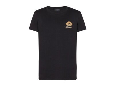 Balmain Kiss Print T-Shirt Front view of Balmain Kiss print T-shirt showing logo graphic design on cotton fabric