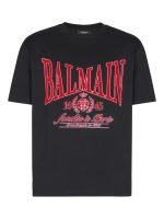 Front view of Balmain logo-print T-shirt showing chest logo and cotton fabric texture