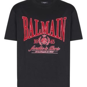 Front view of Balmain logo-print T-shirt showing chest logo and cotton fabric texture