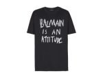 Balmain mens t shirt front view with logo print and short sleeves
