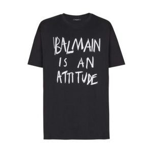 Balmain mens t shirt front view with logo print and short sleeves