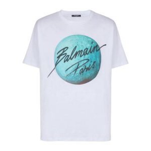 Balmain Paris & Planet T-shirt front view with logo print and cotton fabric