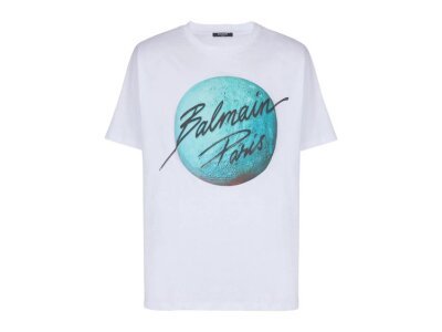 Balmain Paris & Planet T-shirt Balmain Paris & Planet T-shirt front view with logo print and cotton fabric