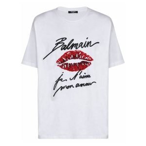 : Balmain Love Letter t-shirt front view with logo print in cotton fabric for men USA