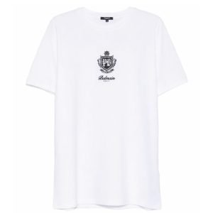 Balmain logo-embroidered T-shirts front view showing stitched logo on cotton fabric