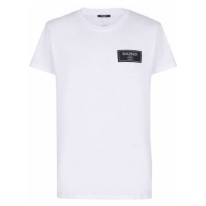 Balmain Couture label T-shirt front view with logo detail and cotton fabric