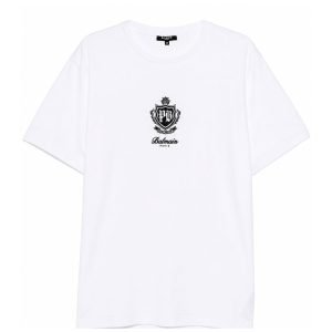 Balmain University Contrast T-shirt front view with logo print and contrast design in USA