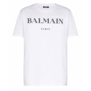 Balmain embroidered Paris T-shirt front view with logo detail and short sleeves