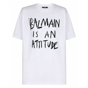 Balmain logo-motif cotton T-shirt front view with clean logo print and soft cotton fabric