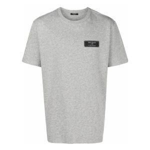Balmain logo-patch mélange T-shirt front view with soft cotton texture and chest logo detail
