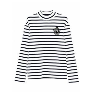 Balmain striped long-sleeve T-shirt front view with black and white stripes, casual fit for daily wear