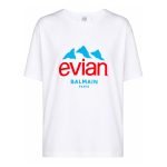 Balmain x Evian logo-print T-shirt front view with clean logo design and round neck cotton fabric