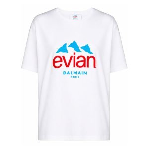 Balmain x Evian logo-print T-shirt front view with clean logo design and round neck cotton fabric