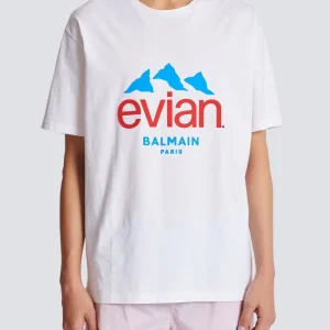 Balmain x Evian logo-print T-shirt back view plain design cotton fabric regular fit