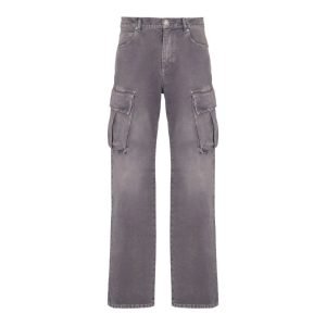 Front view of Balmain cargo jeans with utility side pockets and straight denim fit