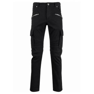 Front view of Balmain-embossed cargo jeans with utility pockets and embossed logo detail for men streetwear fashion