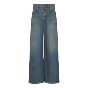 Front view of Balmain faded wide-leg jeans with relaxed fit faded denim and loose straight leg style