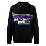 Front view of Balmain logo-print drawstring hoodie in black cotton streetwear style for men