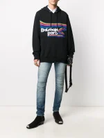 Back view of Balmain logo-print drawstring hoodie with clean rear design and relaxed fit