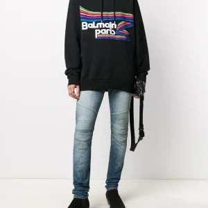 Back view of Balmain logo-print drawstring hoodie with clean rear design and relaxed fit