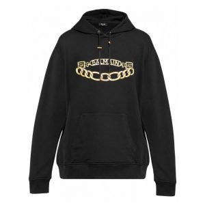 Front view of Balmain logo-print hoodie in black cotton with printed Balmain logo for casual streetwear styling
