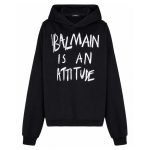 Front view of Balmain long-sleeved cotton hoodie showing logo and cotton fabric detail