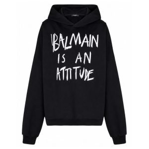 Front view of Balmain long-sleeved cotton hoodie showing logo and cotton fabric detail