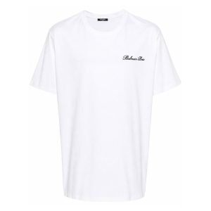 balmain white t shirt front view with logo print for men