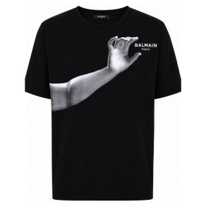 BALMAIN MEN Oversized Statue Print SS T-Shirt Black front view with oversized fit and statue graphic print