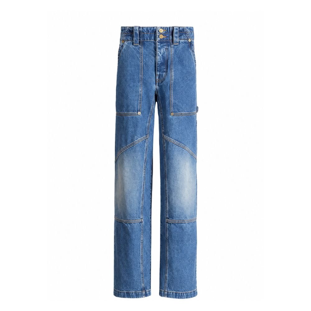 Balmain blue denim carpenter jeans Front view of Balmain blue denim carpenter jeans with utility pockets and straight-leg design