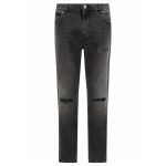 Front view of Balmain distressed finish slim-cut jeans showing the slim-cut fit, distressed denim details, waistband design, front pockets, and overall silhouette.