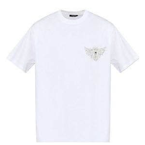 Front view of Balmain embellished T-shirt featuring detailed embellishment work on premium cotton fabric with classic crew neck design