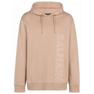 Front view of Balmain logo-embossed cotton hoodie in premium cotton with embossed Balmain logo, long sleeves, ribbed cuffs, adjustable drawstring hood, and kangaroo pocket for everyday casual wear.