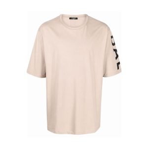 Front view of Balmain logo-print sleeves T-shirts in premium cotton with signature logo detailing on both sleeves