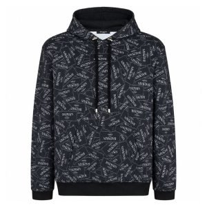 Front view of Balmain Couture Label-print hoodie showing the signature label print and hooded design.