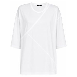 Balmain gathered-panel detail T-shirt front view showing the gathered-panel construction, crew neck, premium fabric, and clean modern design.
