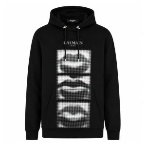 Front view of Balmain lips print hoodie in premium cotton with signature lips graphic for men