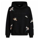 Front view of the Balmain embroidered Insect hoodie showing detailed embroidered insect artwork on the chest, premium cotton fabric, ribbed cuffs, adjustable hood, and classic Balmain designer styling for everyday wear in the USA.