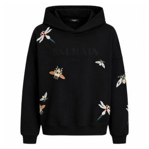 Front view of the Balmain embroidered Insect hoodie showing detailed embroidered insect artwork on the chest, premium cotton fabric, ribbed cuffs, adjustable hood, and classic Balmain designer styling for everyday wear in the USA.